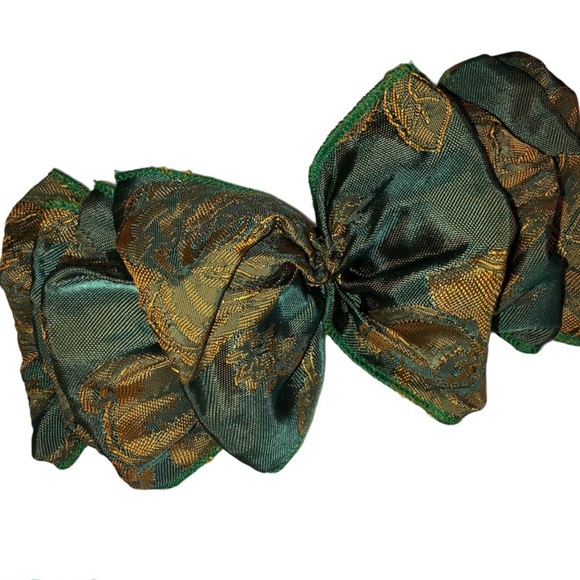 Handmade Big Hair Bow Asian Print Green Gold Metal Clip Barrette Vintage Persian - Picture 10 of 10